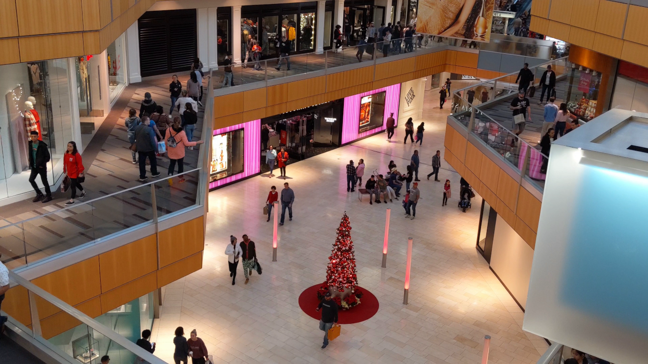 Establishing shot from third level of mall showing Christmas shoppers