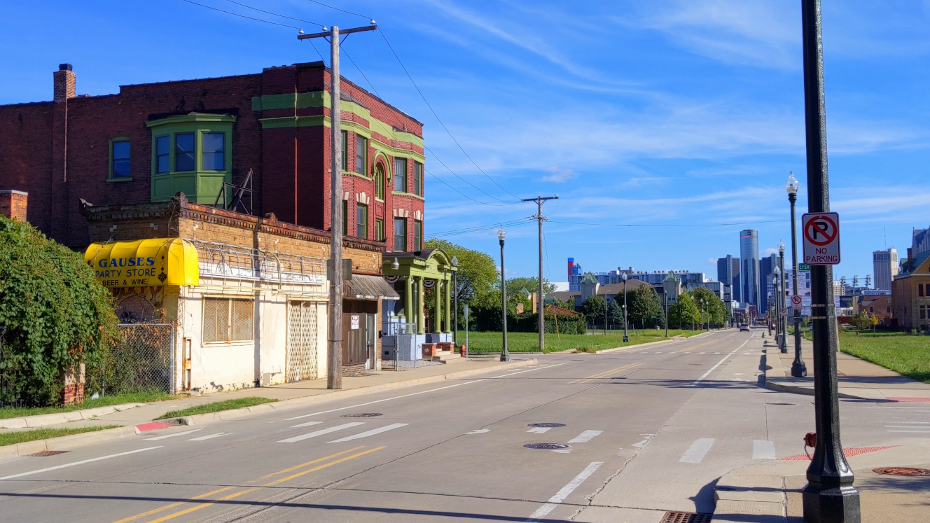 Long view on Brush St from abandoned buildings to GM Headquarters in distance