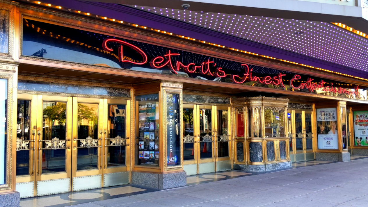 Sidewalk view of front entrance and box office at Detroit's Fox Theater