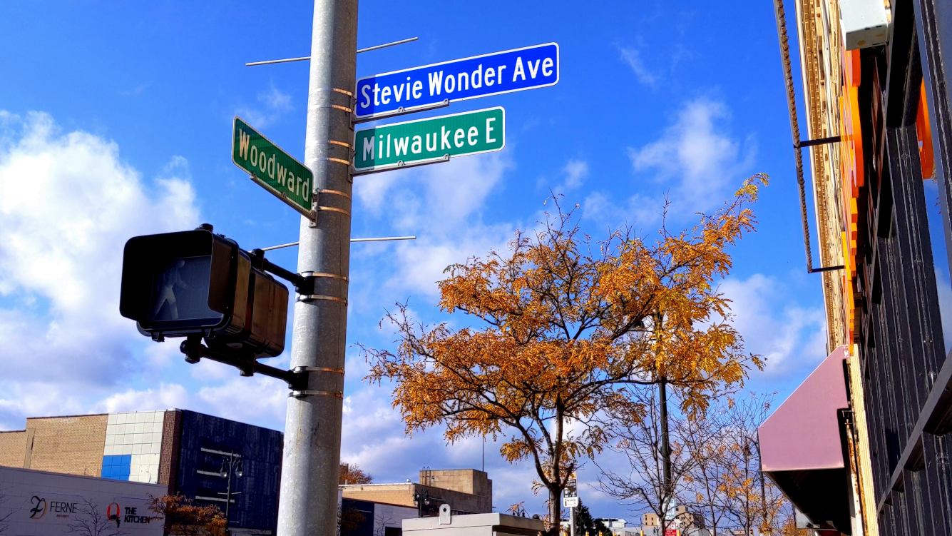 Stevie Wonder Avenue street sign on beautiful sunny fall day