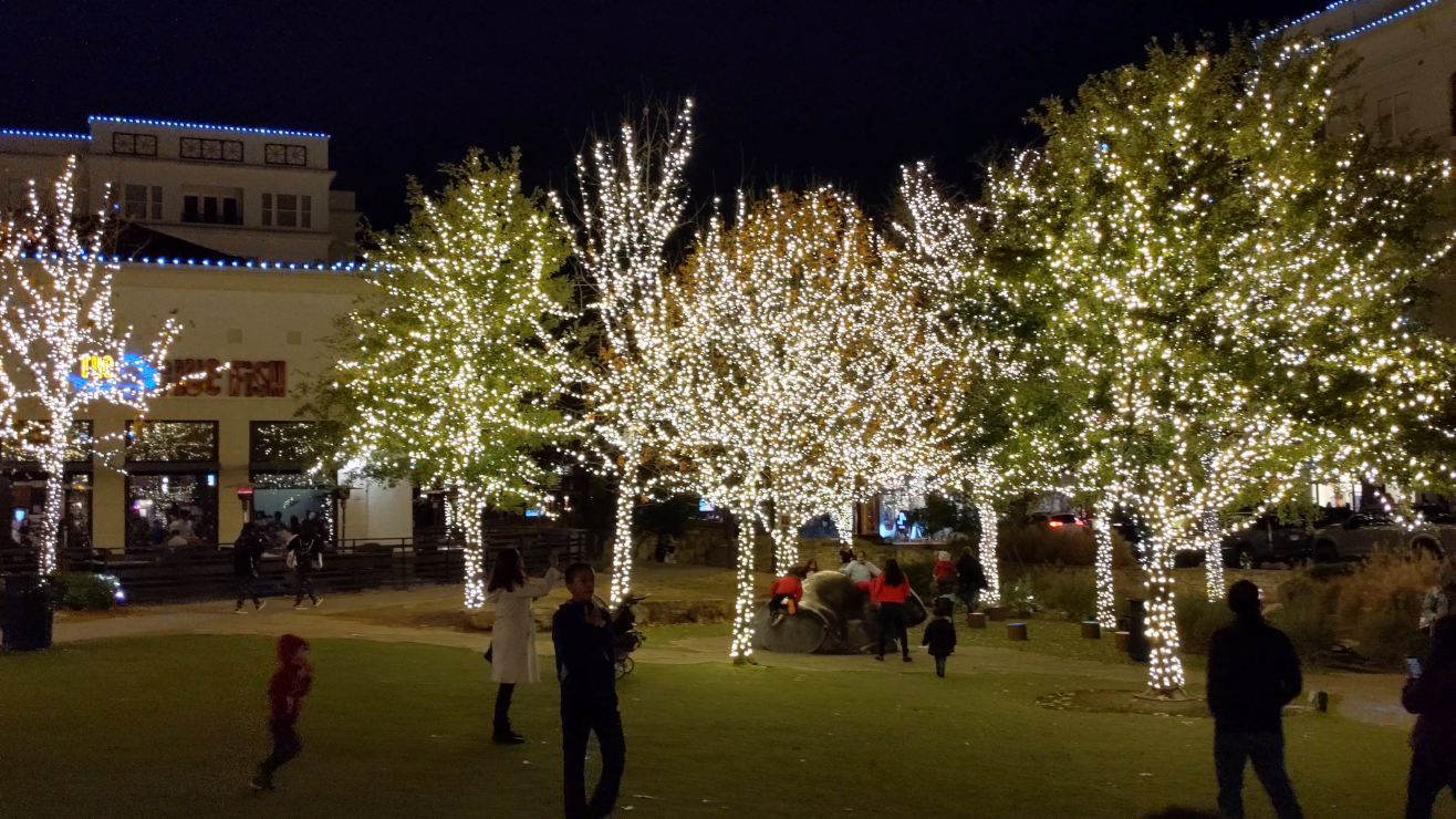 Children around Christmas Tree & lighted trees, Watters Creek at Montgomery Farm